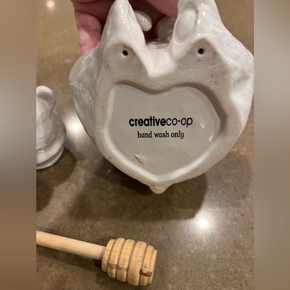 White Ceramic Bear Honey Jar Holding Bamboo Honey Dipper - Creative Co-Op. - Picture 7 of 8